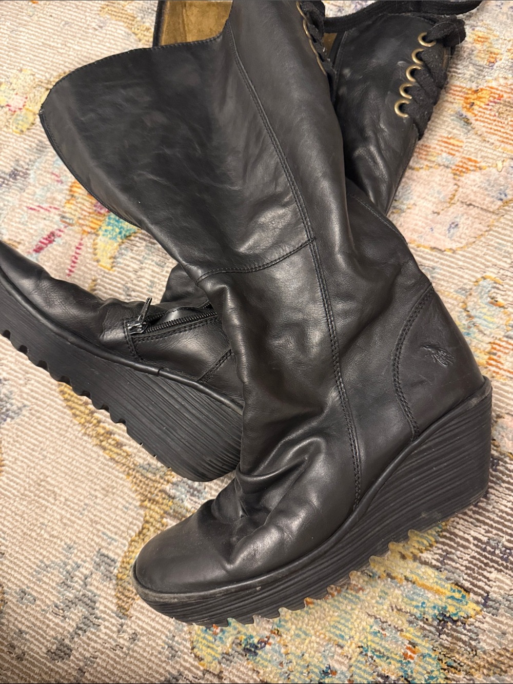 Fly London Wedge Knee-High Leather Boots in Black. Lace back. Zip for ease